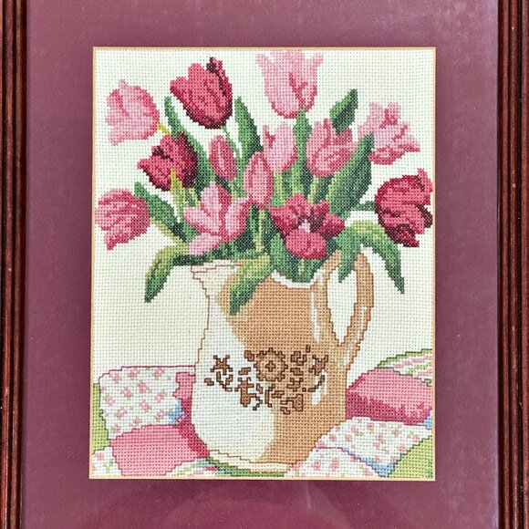 Framed Finished Pink Tulips Floral Cross Stitch Picture w Glass 13.5" x 16.5" - Picture 2 of 12